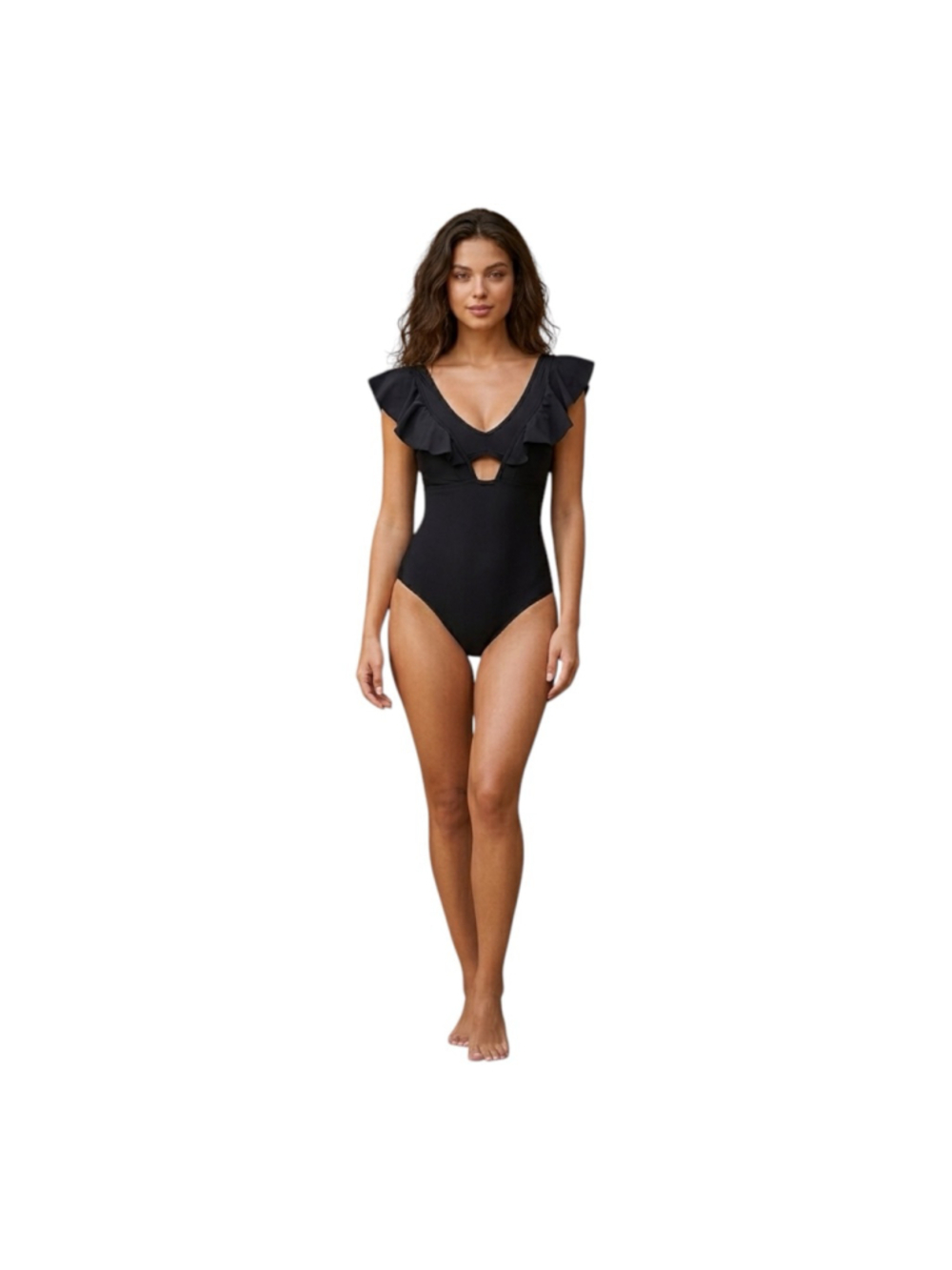 B2PRITY Black Ruffle One Piece Swimsuit XS Cutout V Neck Tummy Control NWT